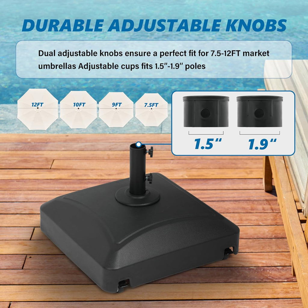125lb Capacity Fillable Mobile Patio Umbrella Base Heavy Duty Square Market Stand with 4 Wheels, 2 Locks, 2 Knobs, Black