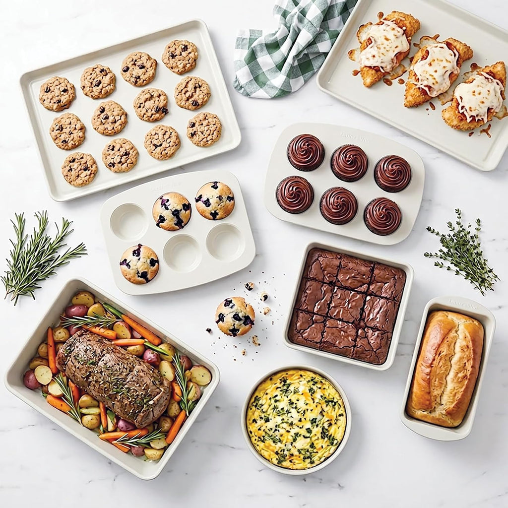 8-Piece Stackable Bakeware Set, Ceramic-Coated Nonstick Pan Set, Non-Toxic, with Sheets, Muffin Pan, Loaf Pan & Cake