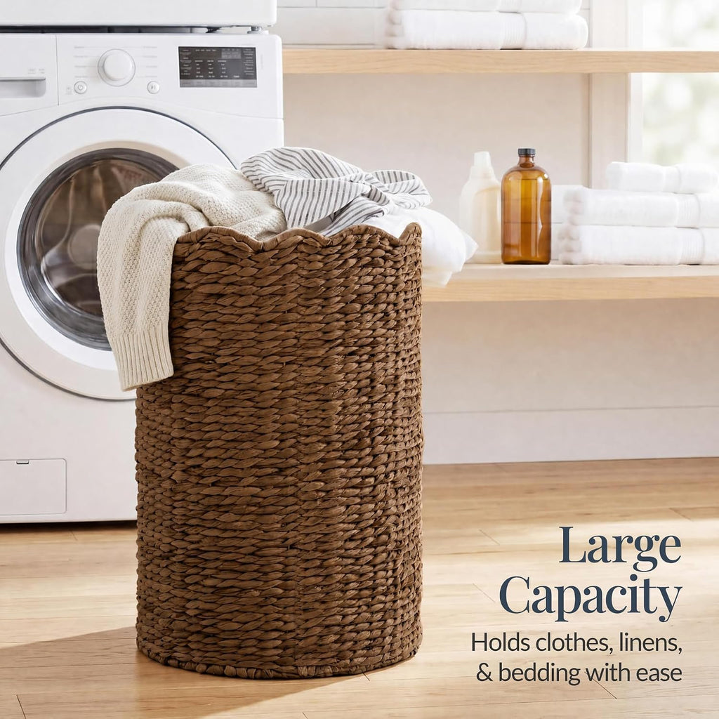 Scalloped Laundry Large Round Hamper, Handwoven Laundry Basket for Clothes, Towels, Blankets, Multipurpose Storage