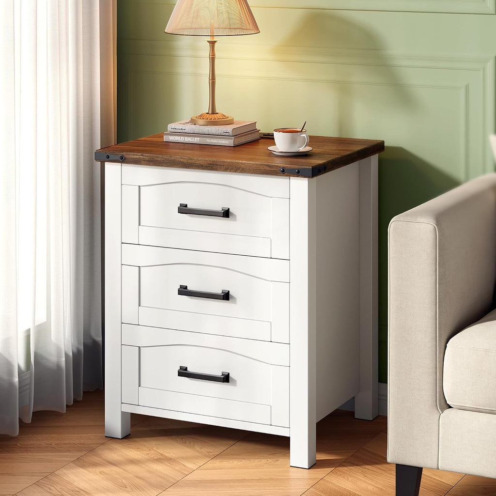 Farmhouse Nightstand Set of 2 with Charging Station, 18'' Wide Rustic End Table with USB/Type-C Ports, 3 Drawers