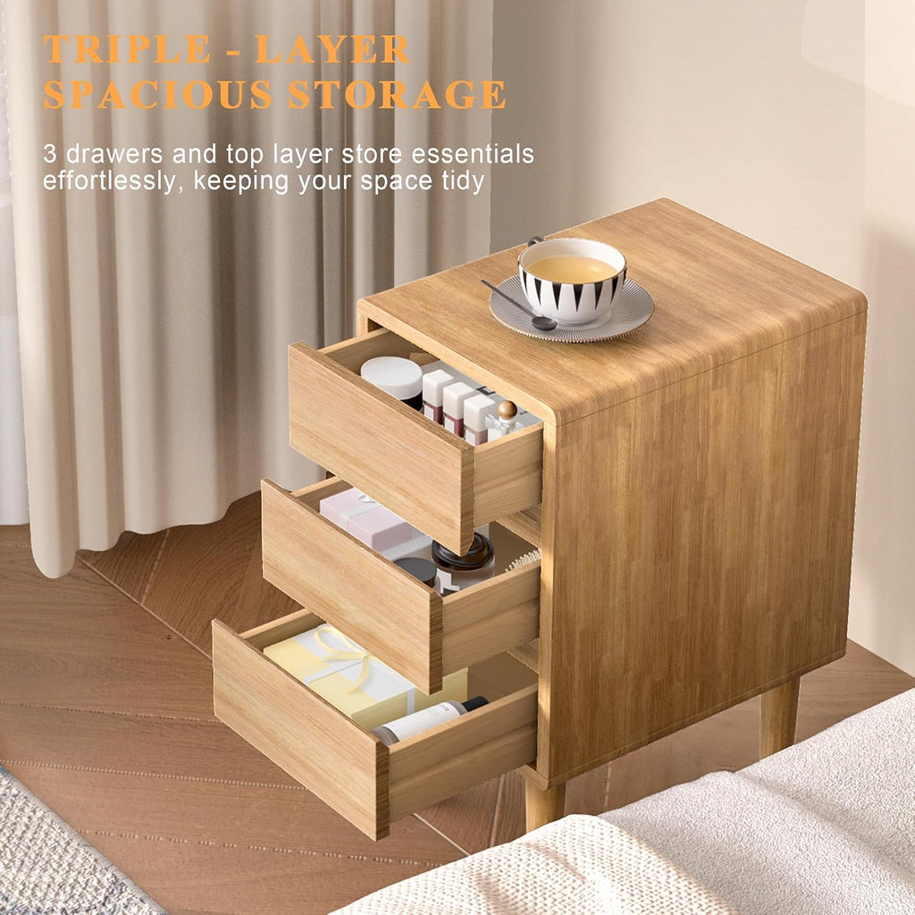 Nightstand with 3 Drawers Narrow Night Stand Solid Wood Bedside Table Mid Century Modern Nightstand Wooden End Table