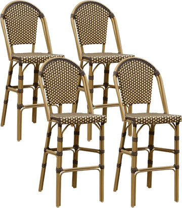 French Bar Stool Set of 4 Bamboo Print Finish Patio Bar Stools with Back Rattan Chairs Wicker Bar Height Stool 30"
