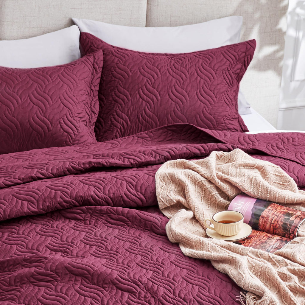Oversized King Quilt Set, Soft Bedspread Comforter, Burgundy