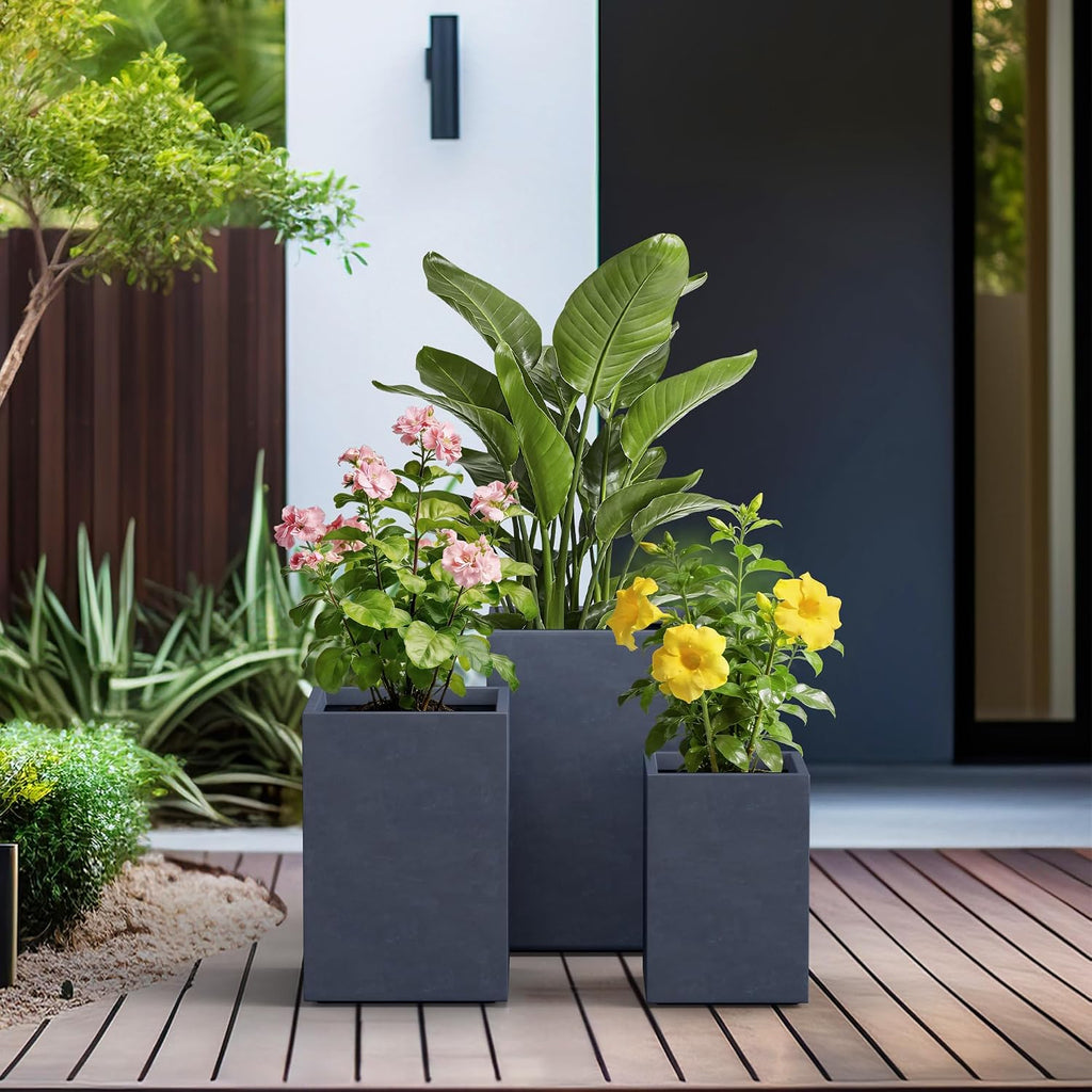 Set of 3 Charcoal Concrete Tall Planters 13" 11" 13" Dia | Drainage for Outdoor, Rubber Plug for Indoor Home