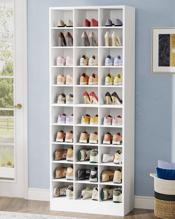 10-Tier Shoe Storage Cabinet, White Wooden Shoe Rack with 30 Cubbies, Freestanding Tall Entryway Shoe Organizer for