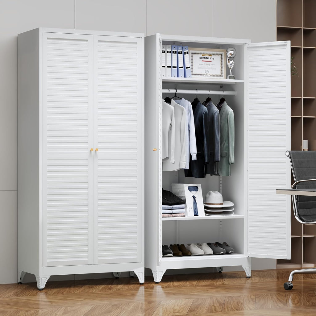 71"Armoire Wardrobe Close,White Wardrobe Cabinet with Hanging Rod | Metal Closet Cabinet with Doors and Adjustable