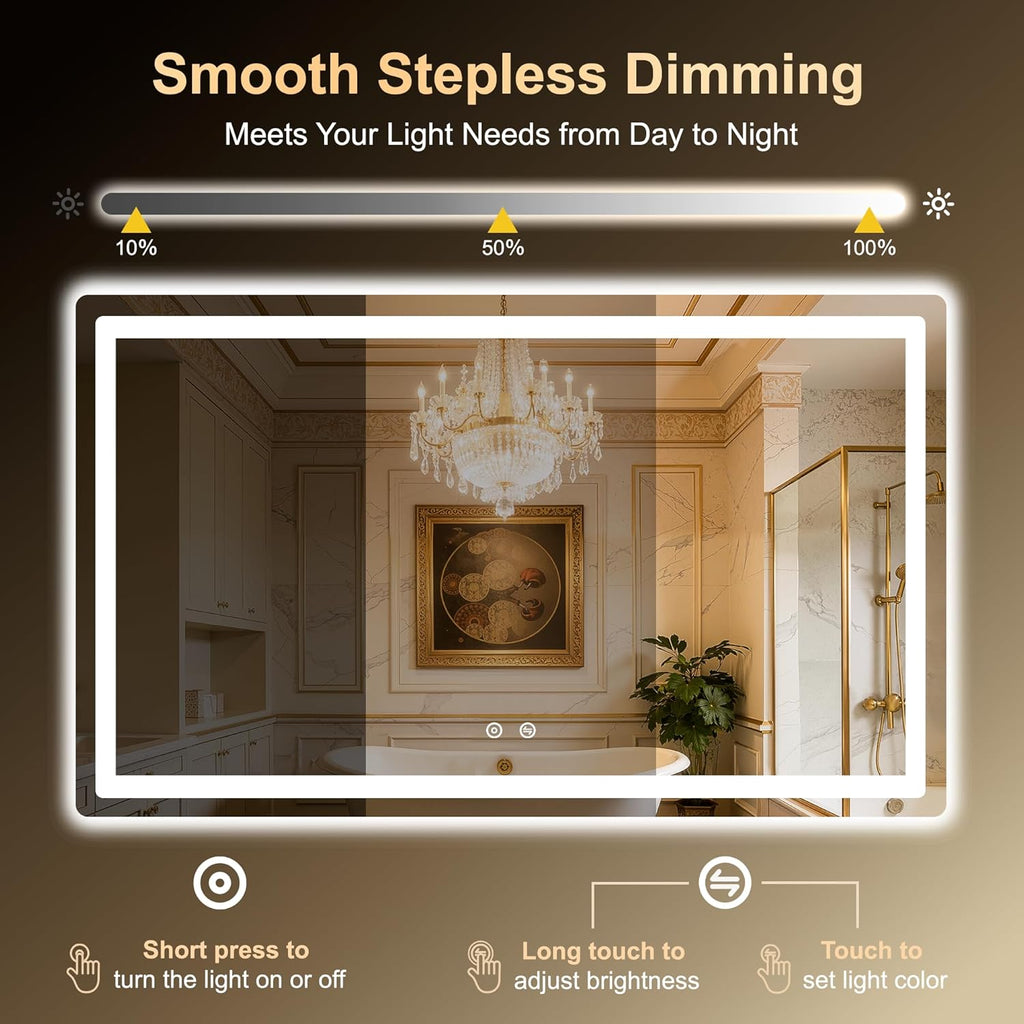 LED Bathroom Mirror, 50"x30" Bathroom Vanity Mirror with Lights for Wall, Smart Anti-Fog, Stepless Dimmable with 3
