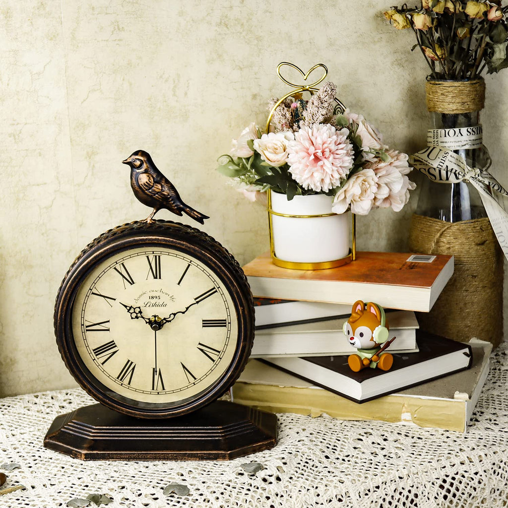 Desk Clock Kitchen Vintage Table Clock Mantel Desktop Farmhouse Tabletop Metal Clock Living Room Silent Decor Battery