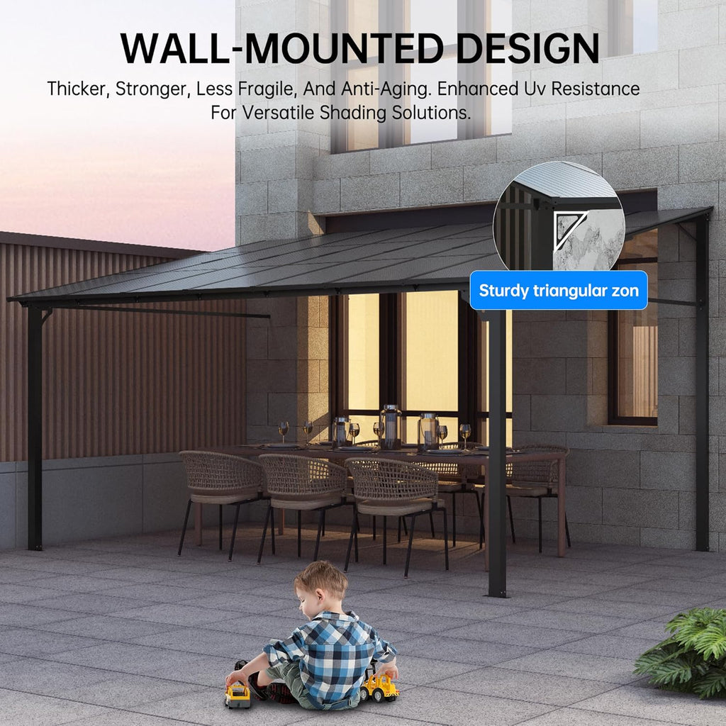 12'X14' Lean to Gazebo, Wall-Attached Hardtop Pergola with Anti-UV Polycarbonate Roof