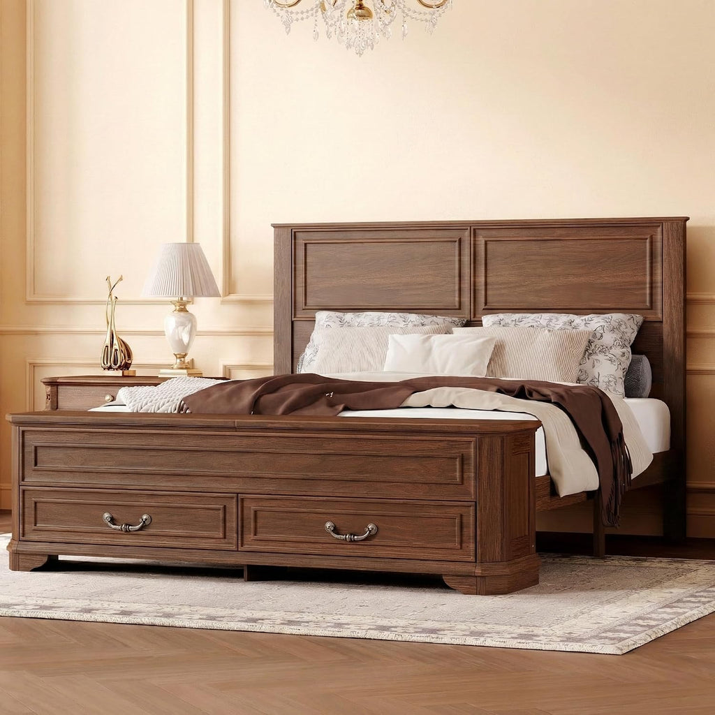 Queen Farmhouse Style Bed Frame with Storage Bench, 2 Drawers & Lift-Top Compartments, Solid Wood Platform Bed with
