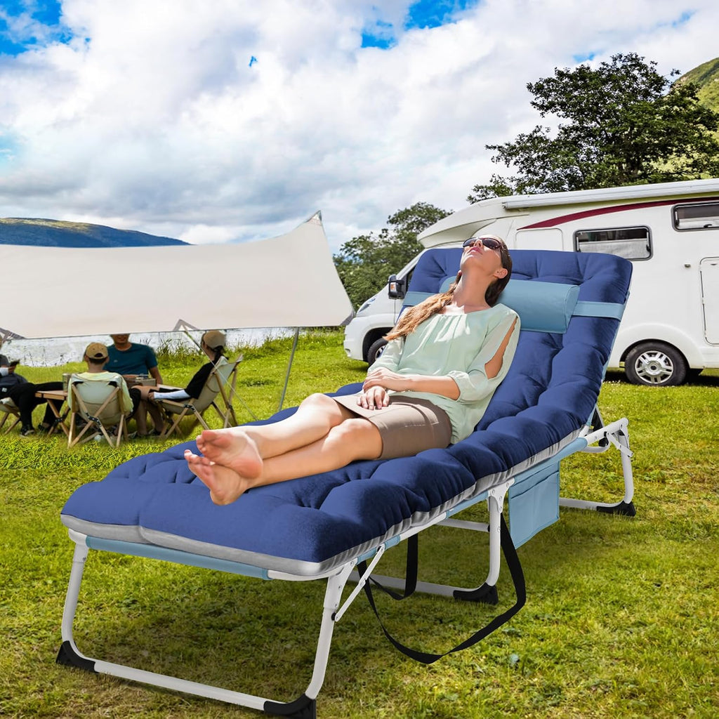 Folding Lounge Chair with Face Opening - Adjustable Outdoor Reclining Tanning Chair with Mattress, Heavy-Duty Sun