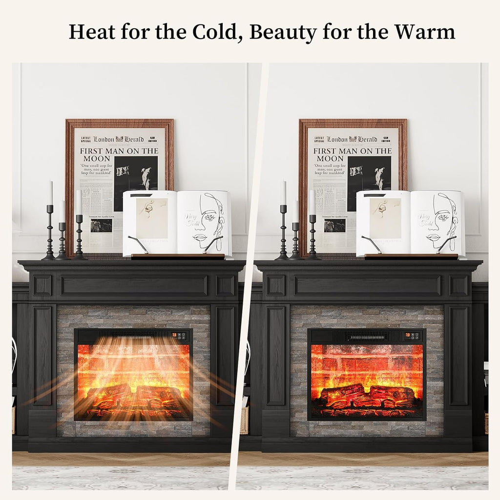 72" Electric Fireplace with Mantel, Fireplace TV Stand for TVs Up to 80 Inch, Modern Entertainment Center with Storage, Realistic 3D Flame Effect and Stacked Stone Surround Design for Living Room