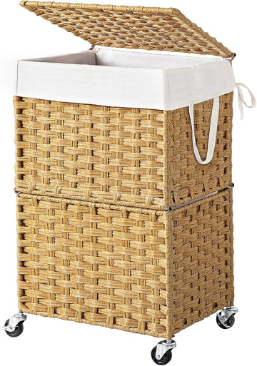 Wicker Laundry Basket with Wheels,Rolling Laundry Hamper with Lid | 90L Slim Clothes Hamper with Wheels & Removable