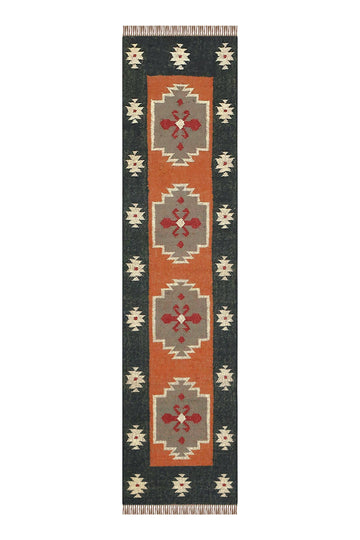 Kilim Runner 2x6 Reversible Southwestern Wool Jute Runner Geometric Design Brown Black Flatweave Carpet Thick 0.19"