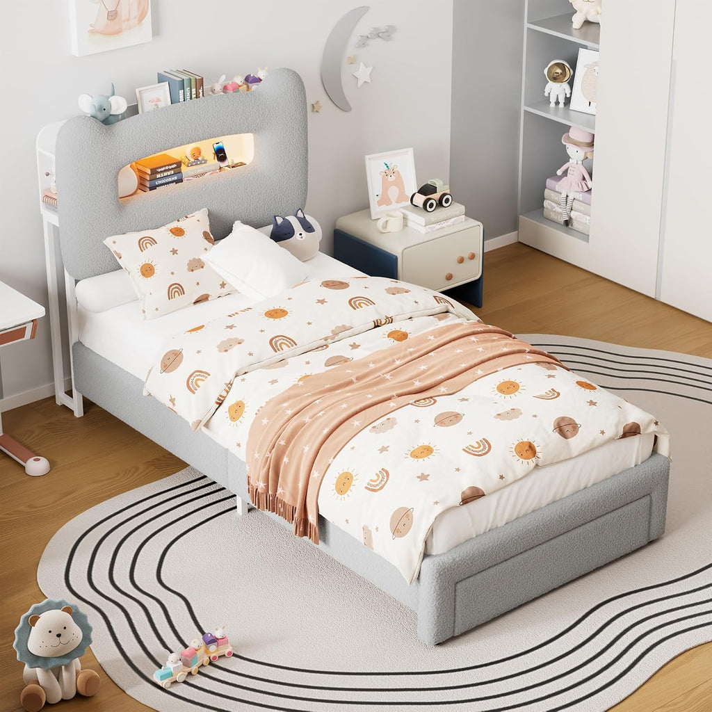 Led Twin Bed Frame for Kids with Drawer, Grey | Upholstered Sturdy Platform Bed, Storage Headboard, Charging Station