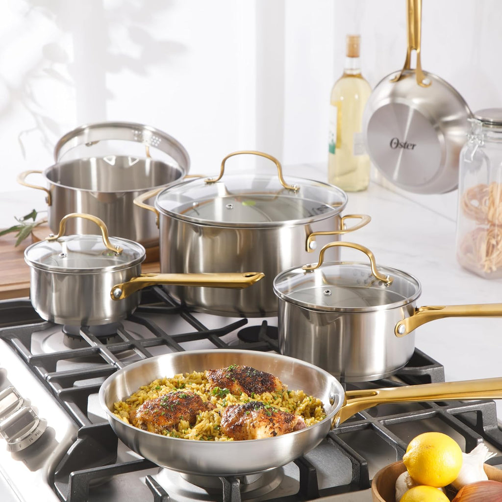 Platinum Sunstreak Pots and Pans Set, 10-Piece Stainless Steel Cookware Set with Glass Strainer Lids and Gold