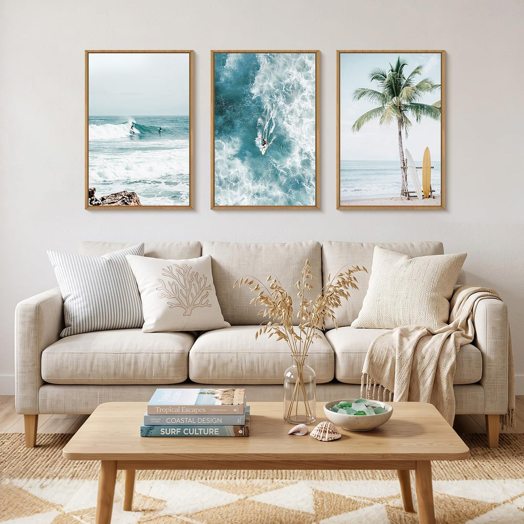 Summer Surfing Beach Framed Canvas Wall Art,Large Coastal Palm Tree Wall Decor,Blue Sea Wave Seascape Artwork Set of
