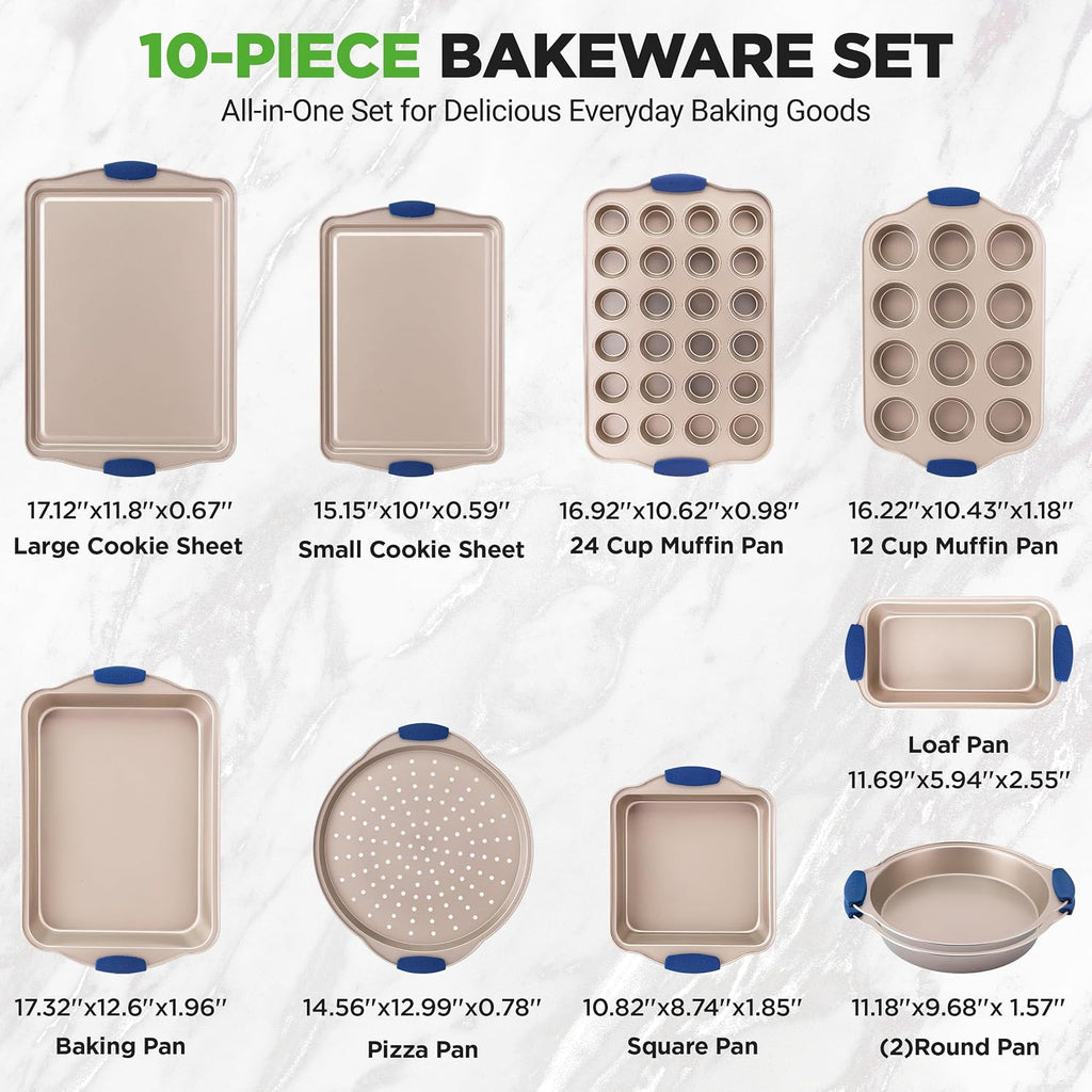 Kitchen Oven Pans - Deluxe Nonstick Gold Coating Inside & Outside Carbon Steel Bakeware Set With Blue Silicone