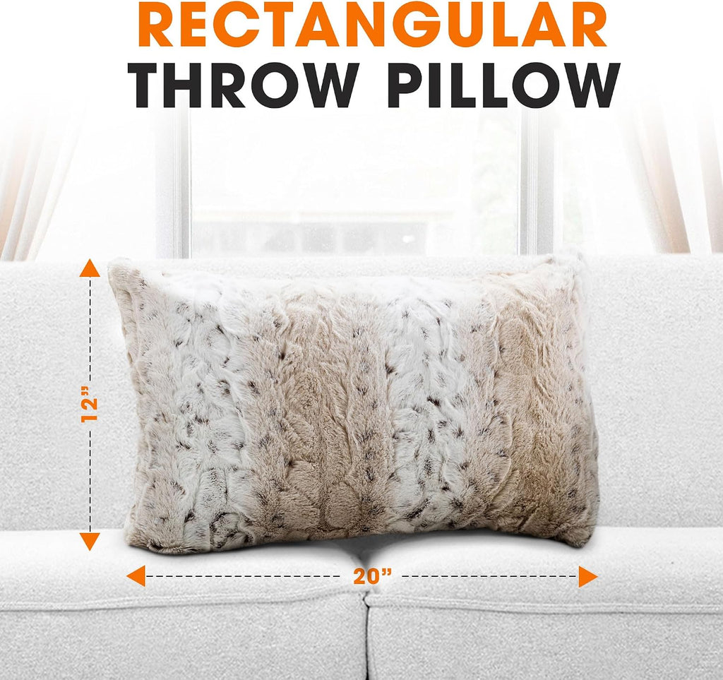 Faux Fur Throw Pillows with Inserts - Set of 2 Decorative Square Couch Pillows, 12” x 20” Snow Leopard Embossed Ombre