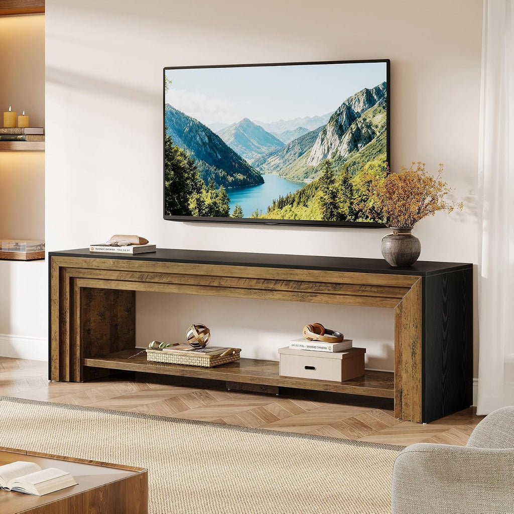 70" Long TV Stand for 75-Inch TV, Farmhouse Entertainment Center | Low Media Console Wooden Television Stand for Living Room, Bedroom Open Storage Shelves, Two-Tone Design Rustic Brown & Black