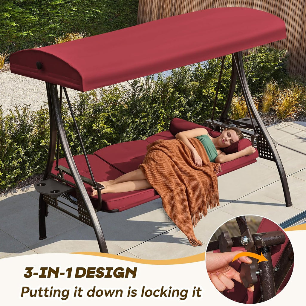 3 in 1 Outdoor Porch Swing with Adjustable Canopy, 3 Seat Outdoor Swing for Adults, Patio Swing Chair with Thickened