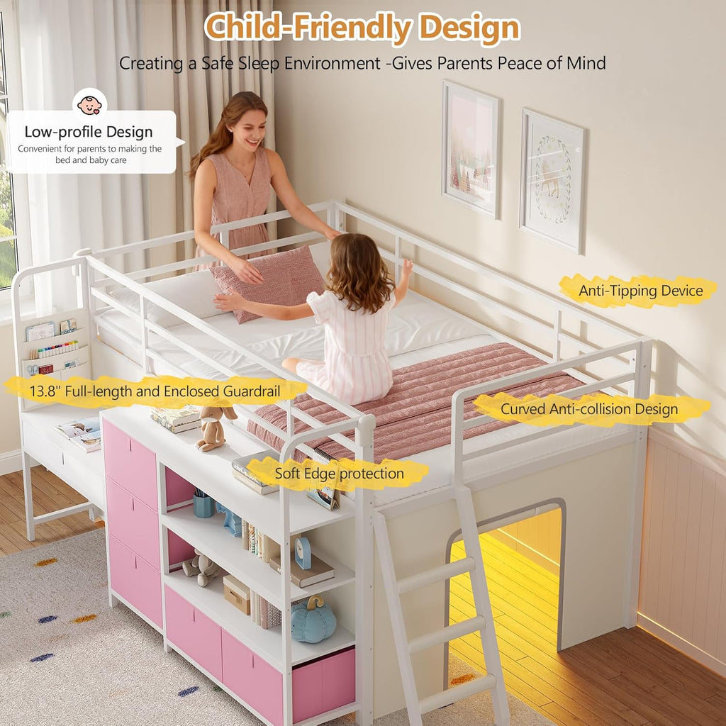 Low Loft Bed with Desk and 6 Storage Drawers Twin Loft Bed with Bookshelf,LED Lights & Under-Bed Play Space,Kids Twin