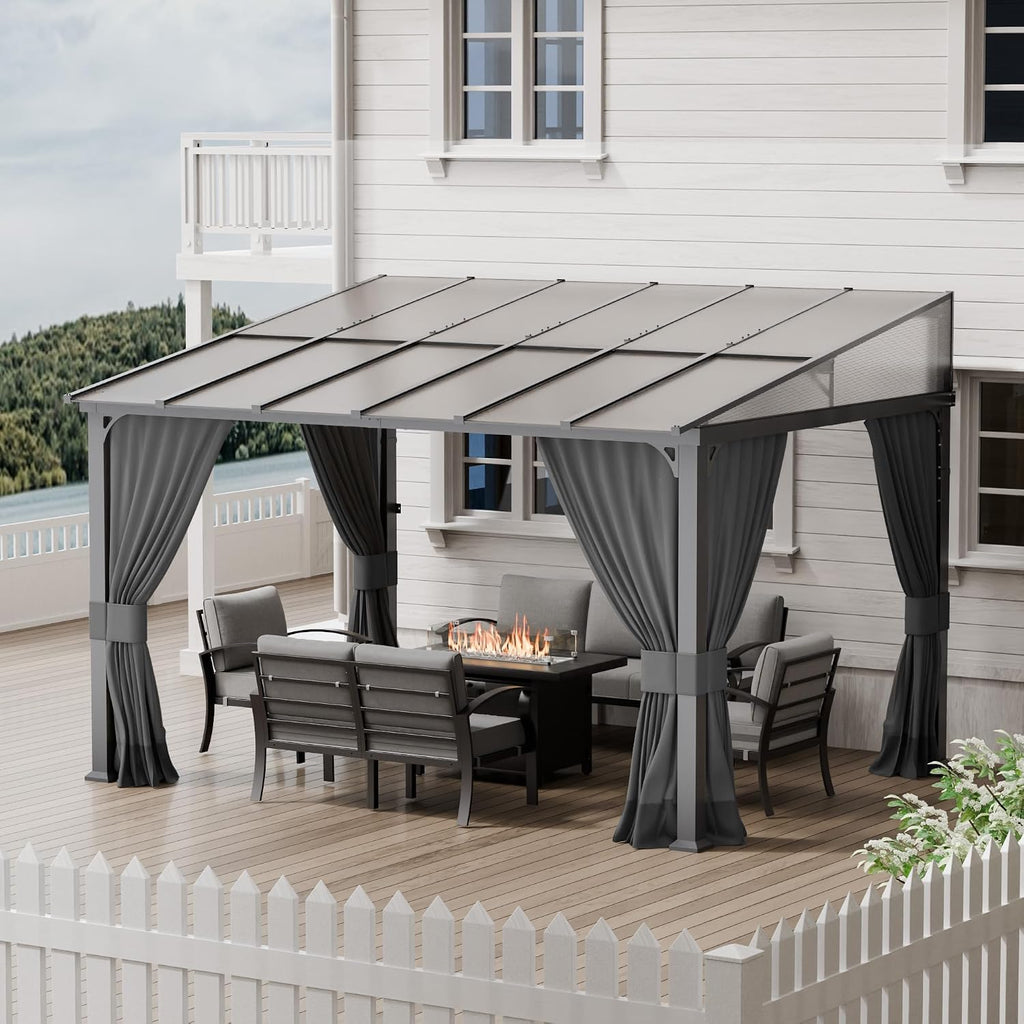 10x12FT Gazebo, Hardtop Wall Mounted Gazebo with Sloping Sun Panel Roof, Awnings with Metal Frame, Double Curtains Sand