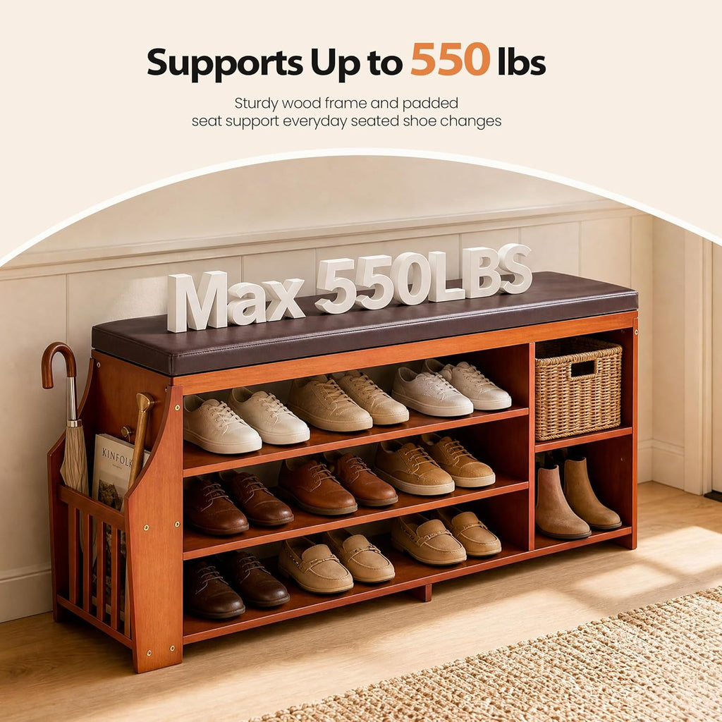 50" Bamboo Shoe Storage Bench with Padded Faux Leather Seat and 550 lbs Capacity, 3-Level Adjustable Shelf, Side