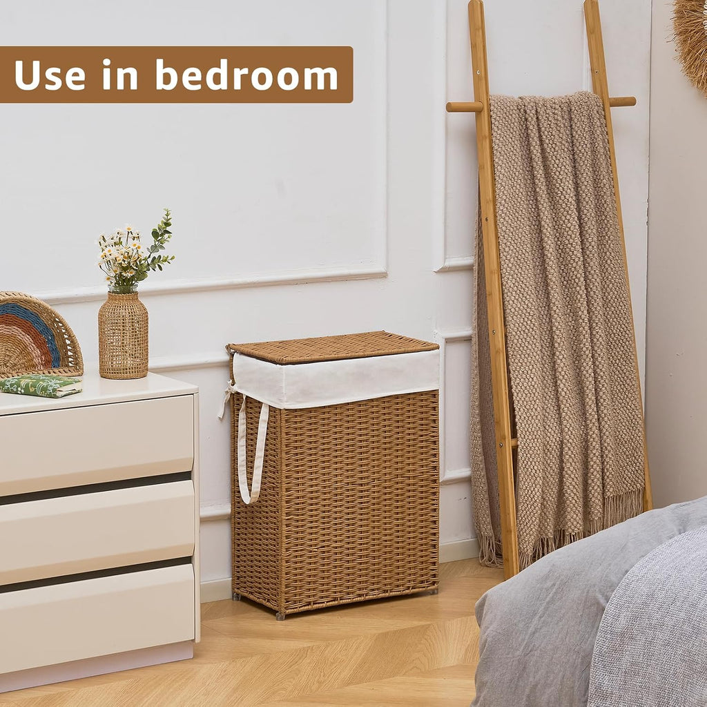 Slim Wicker Laundry Hamper with Lid, 75L Handwoven Rattan Basket with Handles, Narrow Laundry Basket with Removable