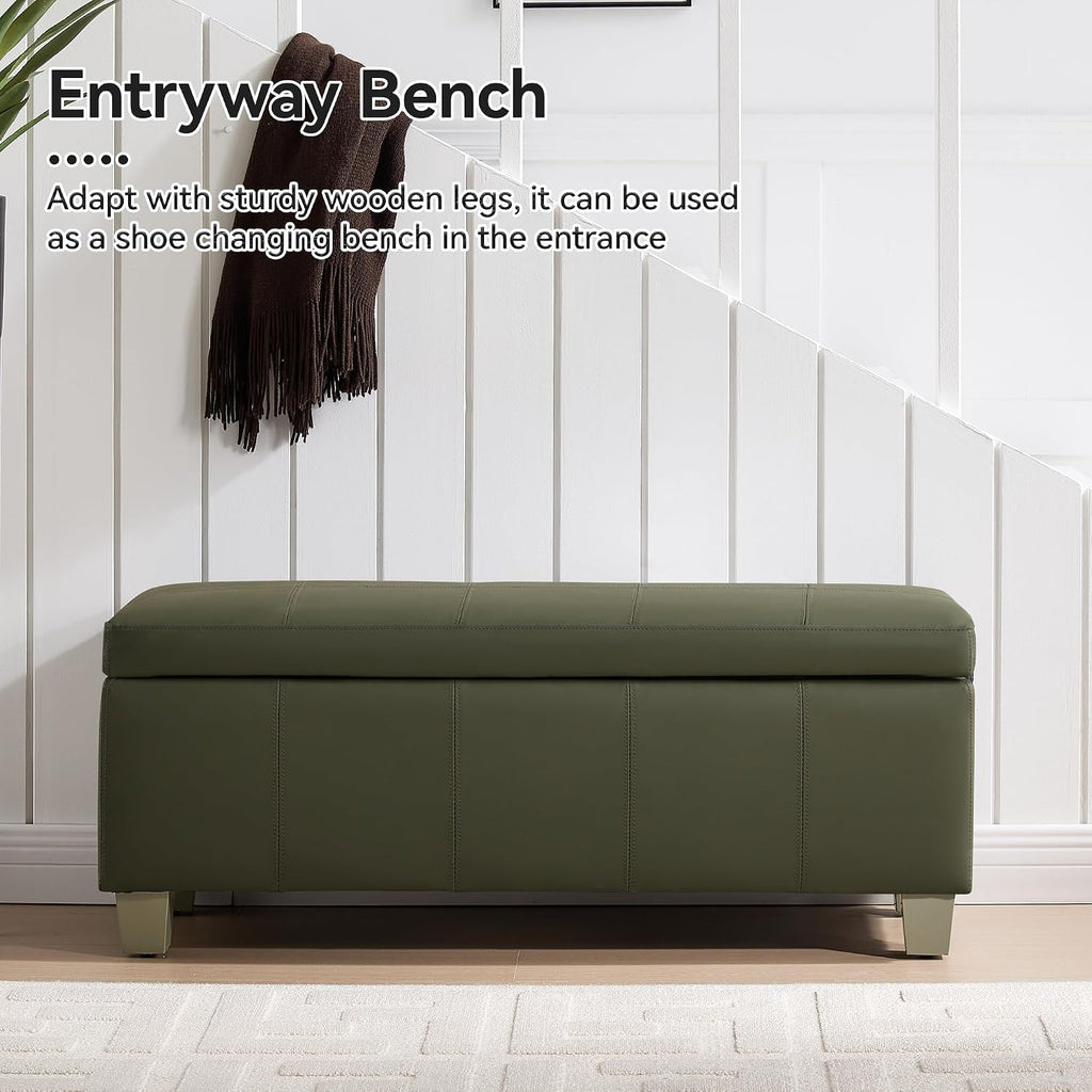 41" Faux Leather Storage Ottoman, Stitch Tufted Rectangle Upholstered End of Bed Storage Bench, Entryway Large Couch