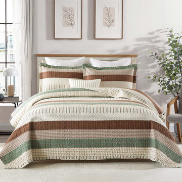 100% Cotton Quilt 3 Piece Farmhouse Striped Bedspread