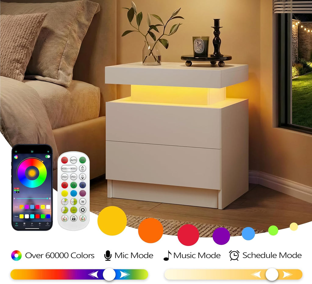 Nightstands Set of 2,LED Night Stand Set 2,Bedside Table with Wood Drawers,Modern End Side Table ,White