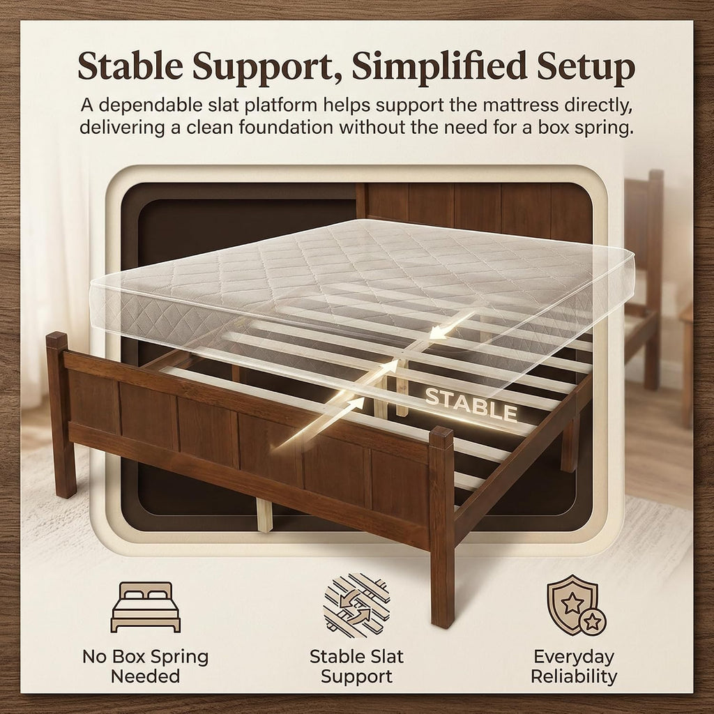 Twin Platform Bed Frame with Headboard & Footboard, Modern Farmhouse Wood Grain Flat Panel Bed for Kids, Teens, Small
