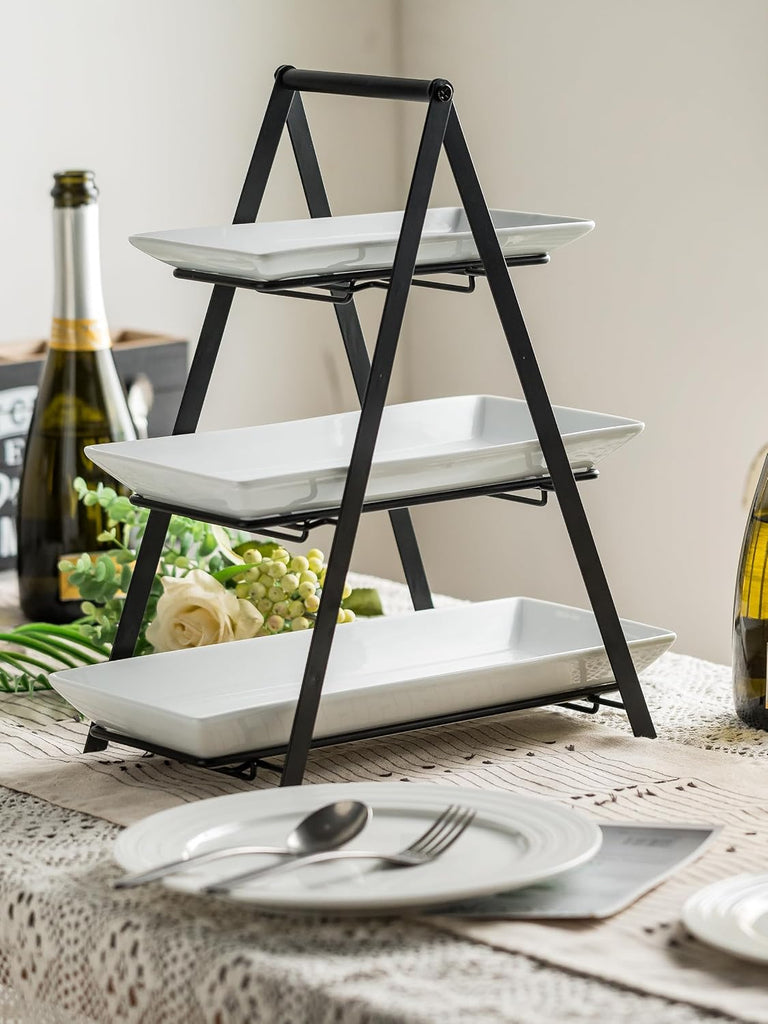 3 Tier Serving Tray Tiered Tray Stand, 10+12+14 Inch, Black | Ceramic Serving Platters and Trays with Metal Rack