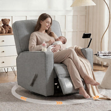 360° Swivel Rocker Recliner Chair with Adjustable Footrest, Rocking Chair Nursery with Phone Stand & Cup