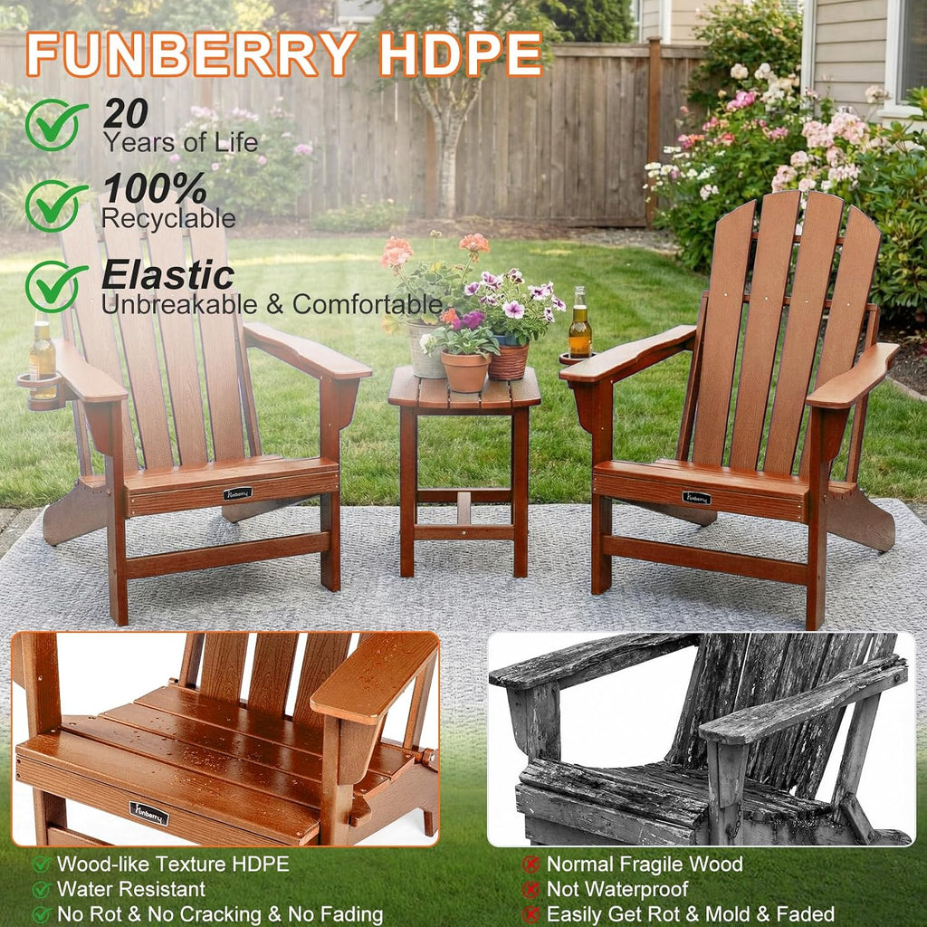 Folding Adirondack Chair, Stable Fire Pit Chairs with Cupholder | Wood-Grain, Stable Gun-Leg, HDPE All Weather, No