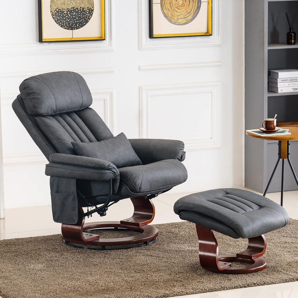 Modern Reclining Swivel Lounge Chair and Ottoman — Grey Faux Leather