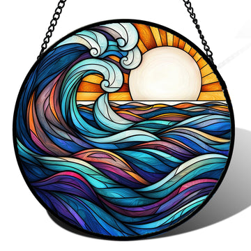 Sunset Ocean Waves Stained Glass Window Hanging Suncatcher Gifts 15"