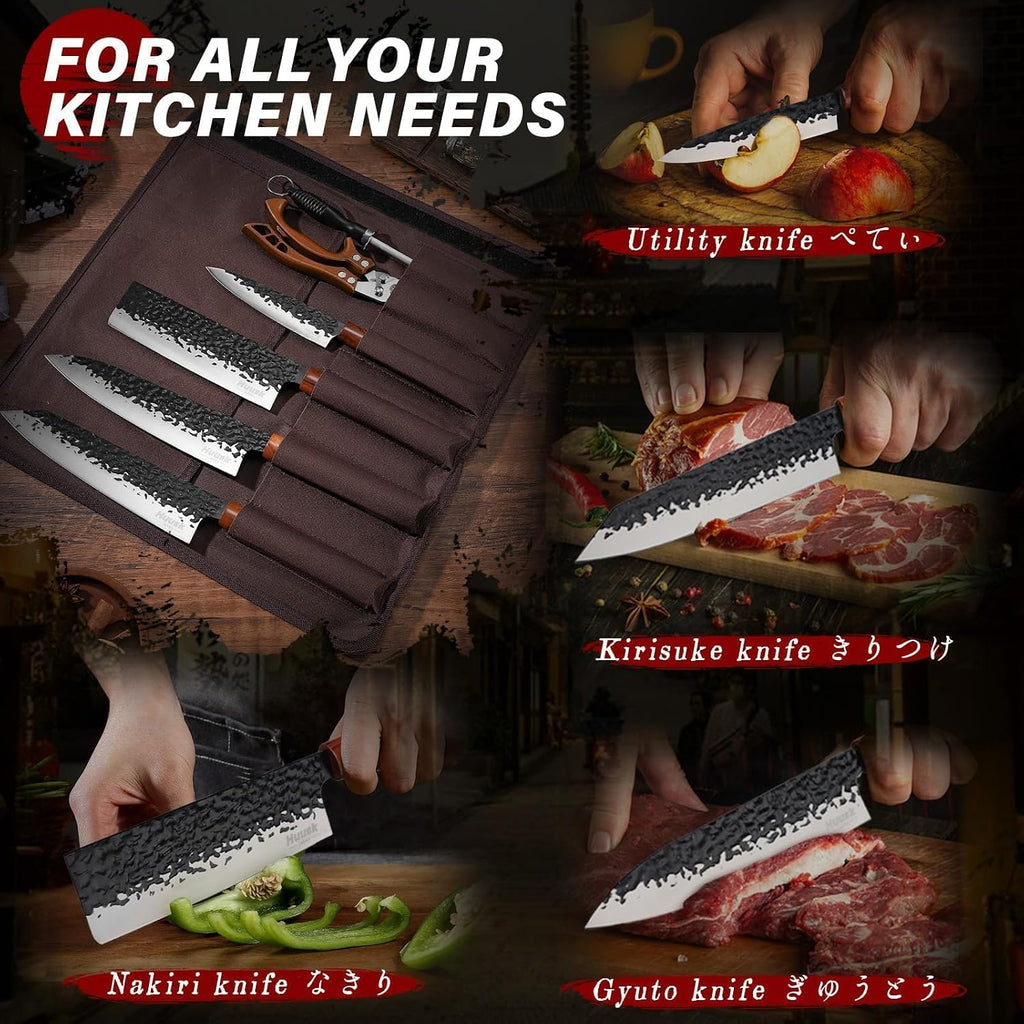 Japanese Knife Set 6pcs with Covers - Professional Chef Knife Set | Bag & Sharpener, High Carbon Steel Forged Knives