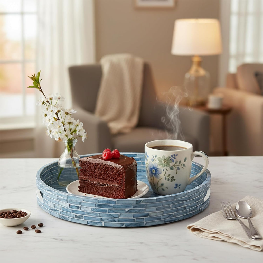 12.6" Mother of Pearls Lacquer Inlaid Round Serving Tray with Handles, Round Decorative Nacred Wooden Ottoman Coffee
