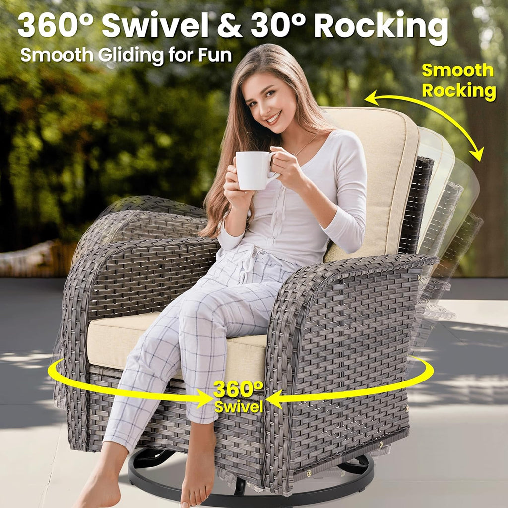 9 Pieces Patio Furniture Set, Outdoor Wicker Sofa Couch with Rocking Swivel Chairs Fire Pit Table