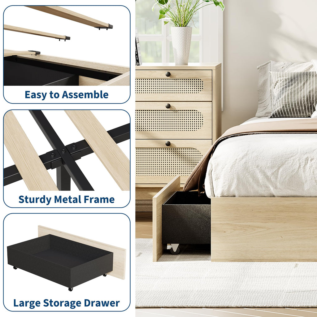 Wood Platform Bed Frame, Full Bed Frame with 2 Drawers