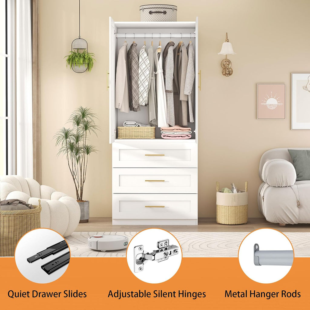 White Armoires Wardrobes Closet:Bedroom Armoire Wardrobe Closet with Hanging Rod, Modern Wardrobe Cabinet with