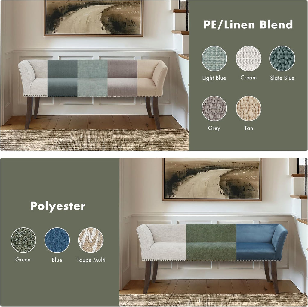 Accent Bench, Plush Upholstered, Nailhead Trim, & Padded Seat Entryway Bench Small, End of Bed Bench with Back, 49.5"
