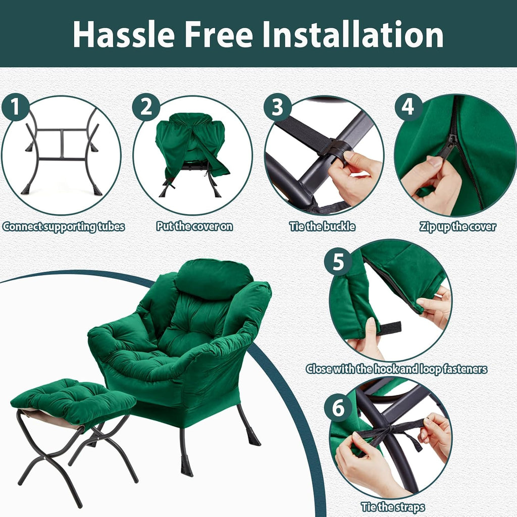 Lazy Chair with Folding Ottoman, Accent Chair Velvet Upholstered with Metal Structure and Non-Slip Pads, Sofa