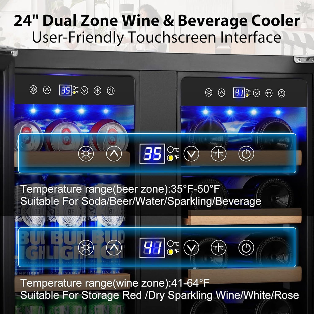 24 Inch Dual Zone Wine and Beverage Refrigerator, Built-in or Freestanding Coole