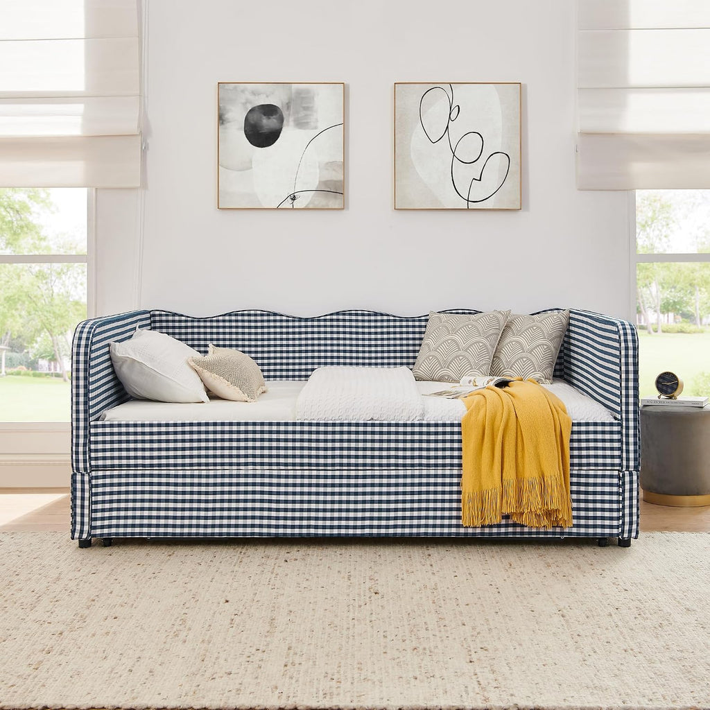 Gingham Daybed with Pop-up Trundle and Side Storage Pockets /Guest Room, Full Size 3-in-1 Convertible Upholstered