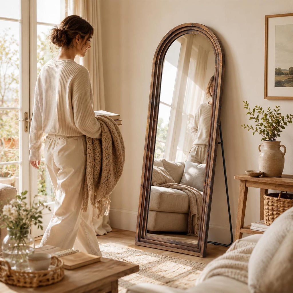 Arched Wood Floor Mirror with Stand, 63" x 21" Rustic Walnut Triple-Layer Solid Wood Frame Full Length Body