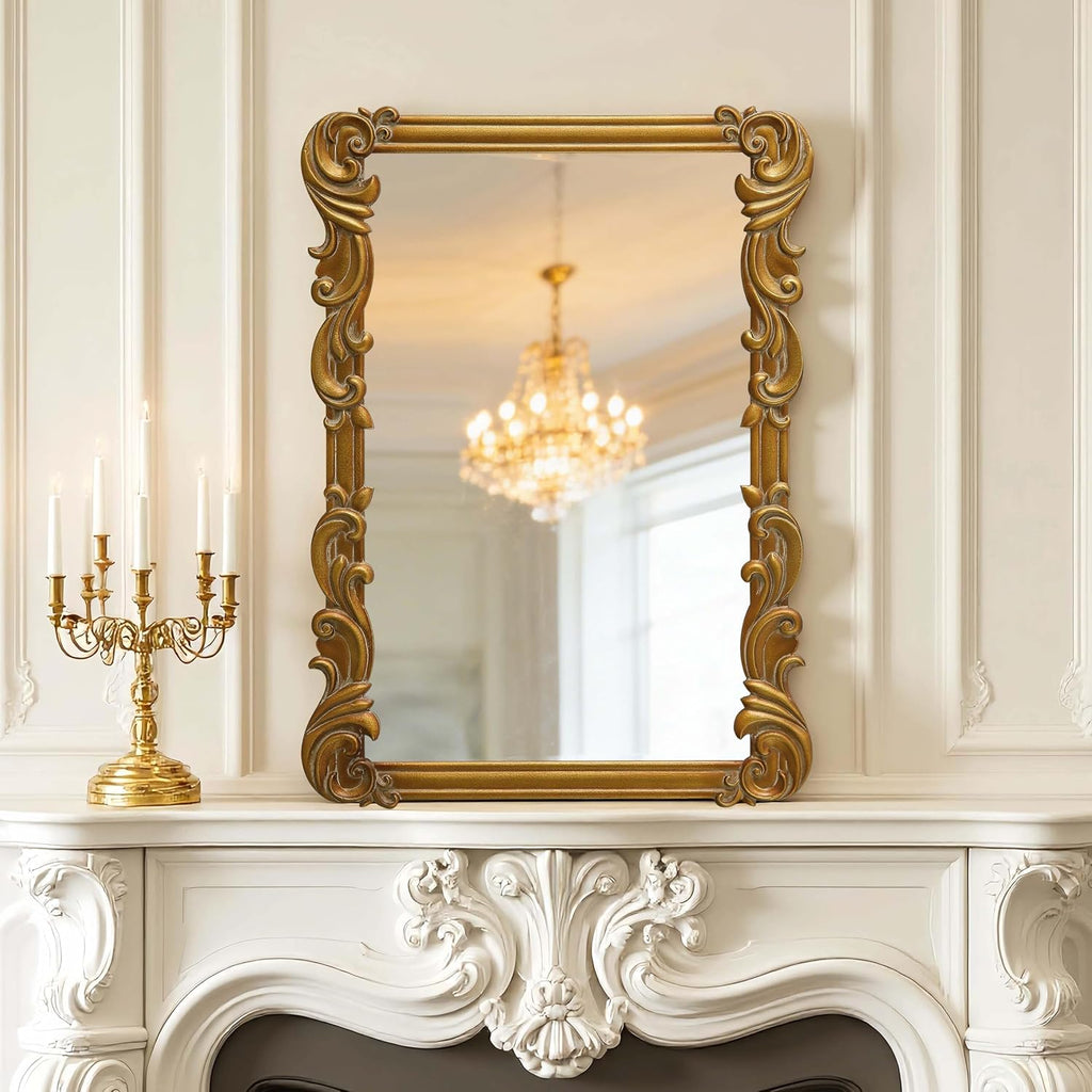 Antique Gold Baroque Mirrors for Wall Decor 30 X 21 Inch, Hanging Rectangular Wooden Frame Vintage Mirror