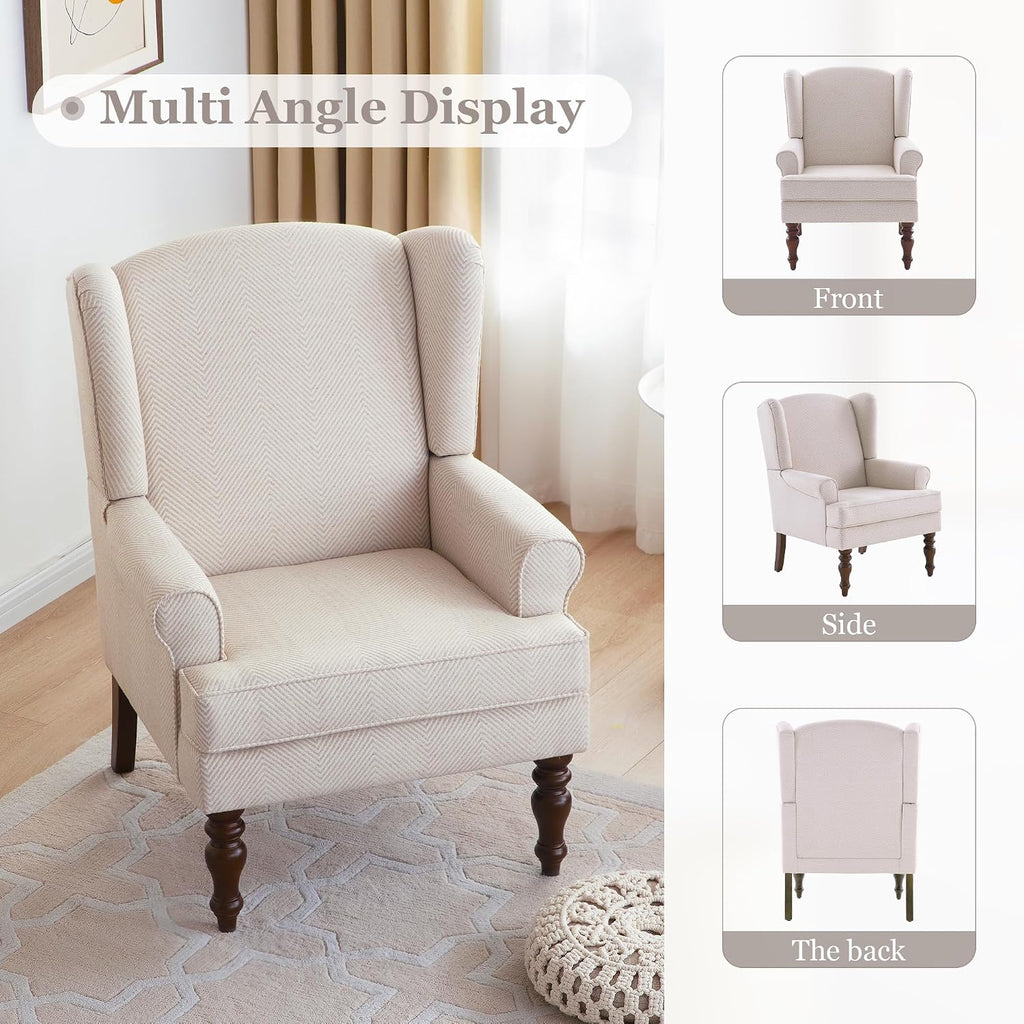Printed Wingback Accent Chair, Linen Upholstered High Back Armchair, Comfy Reading Chair Bedroom Study, 300lbs Weight